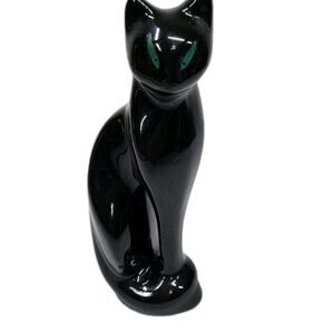 Vintage MCM Ceramic Black Cat with Green Eyes 8 Inches Retro